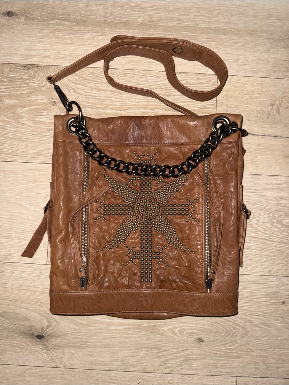 Thomas Wylde Brown Leather Cross Studded Crossbody Bag w/  Chain Shoulder Strap